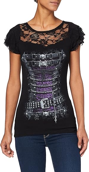 Spiral Waisted Corset Mujer Camiseta Negro Spitzendetails Estrechos